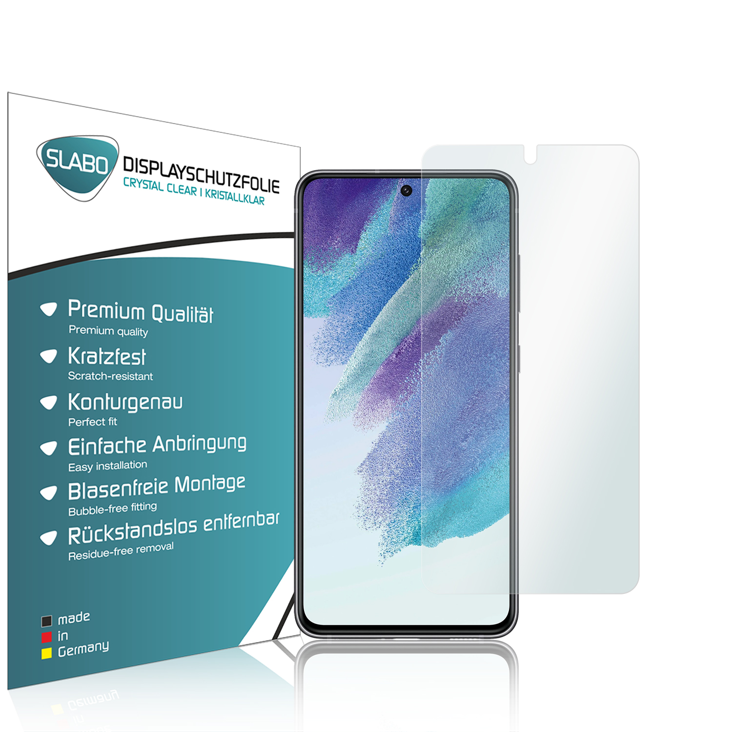 Displayschutzfolie und Telefon. Die Verpackung listet Premiumqualität, Kratzfestigkeit und einfache Installation auf.