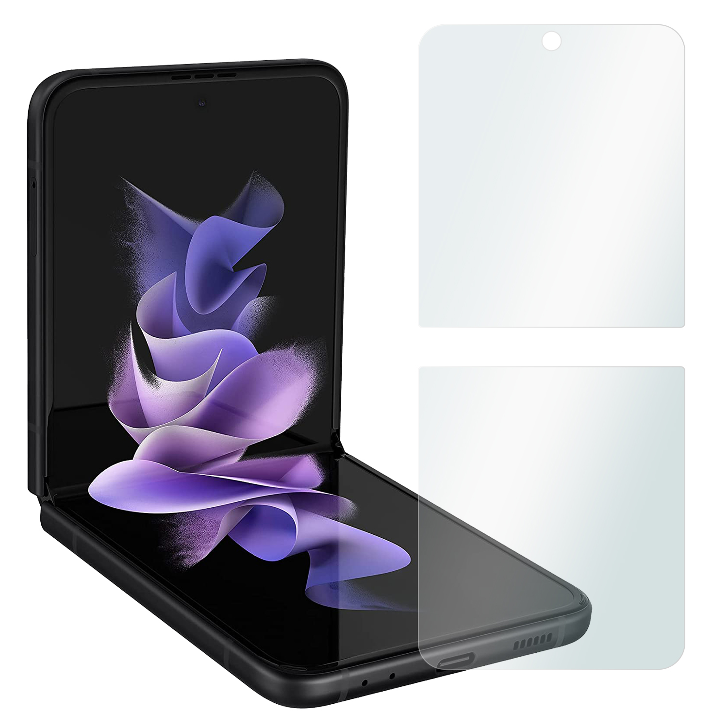 Schwarzes Samsung Z Flip-Telefon, teilweise geöffnet, mit Displayschutzfolien. Weißer Hintergrund.