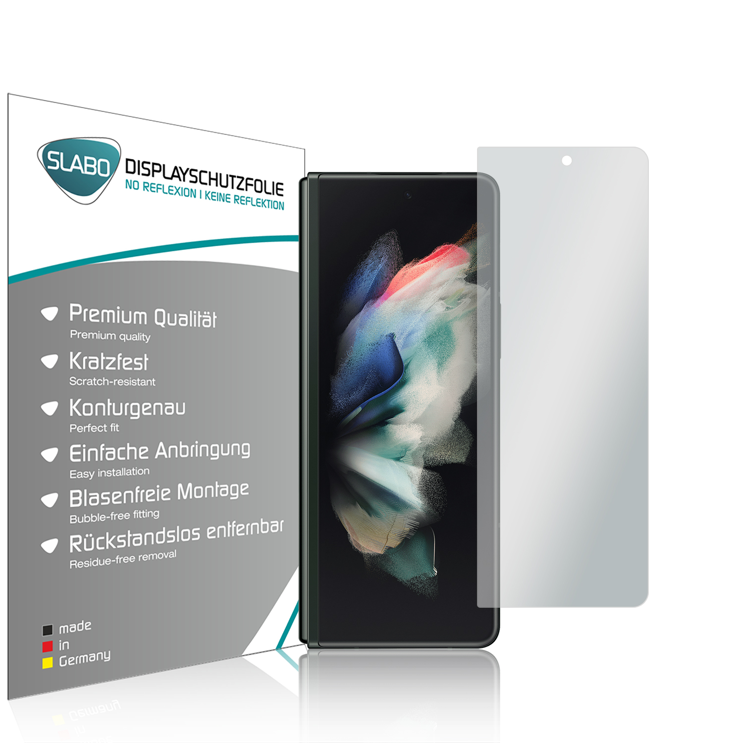 Displayschutzfolie mit Telefon und Produktdetails. Weißes und schwarzes Design.