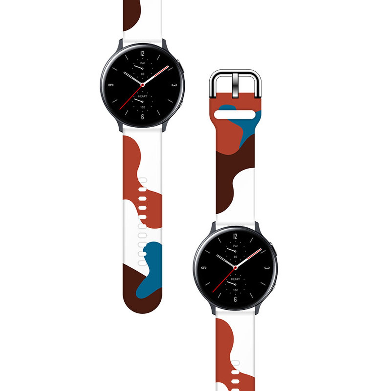 Zwei Smartwatches, eine mit roten, braunen und blauen Mustern auf dem Armband und schwarzem Zifferblatt.