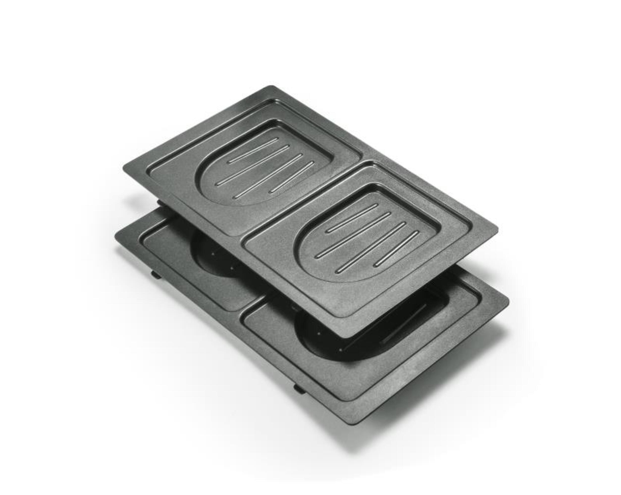 Dos placas grises para hacer sándwiches, apiladas sobre un fondo blanco. Las placas están vacías.