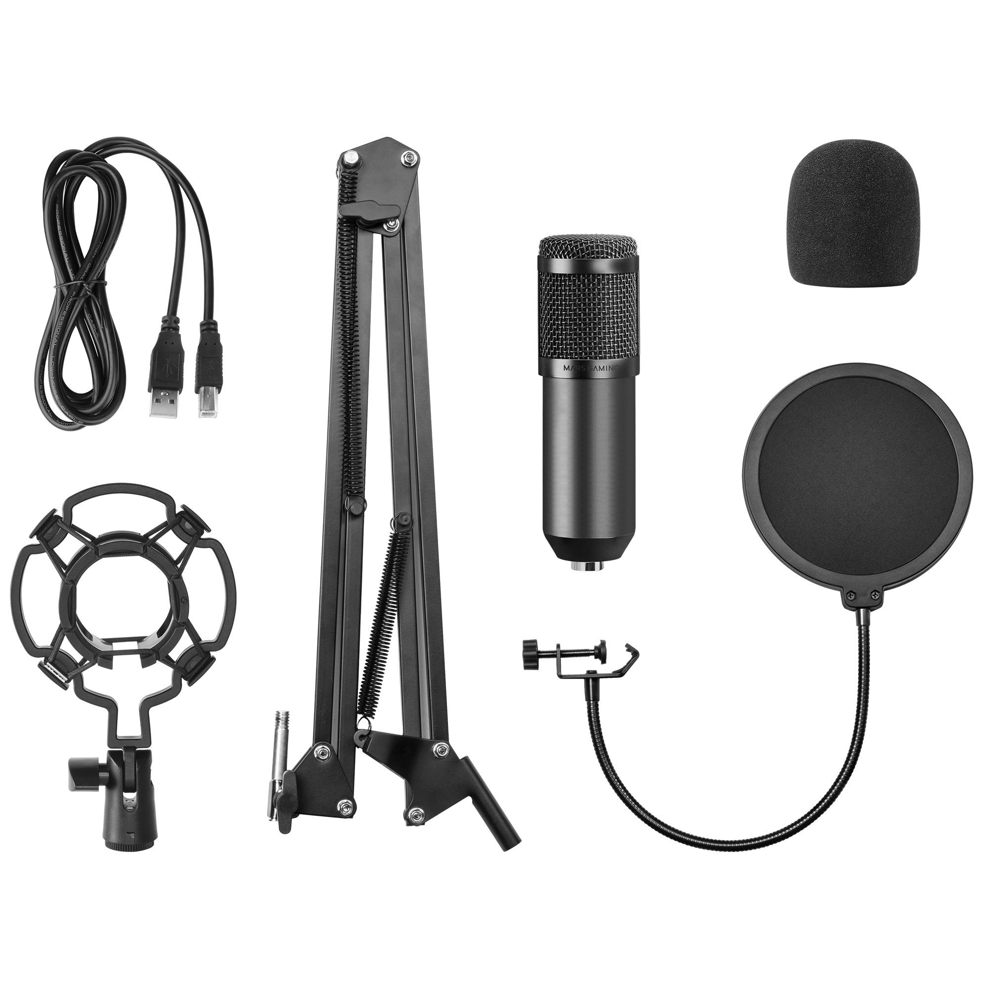 Juego de micrófono con soporte, filtro antipop, soporte de choque y cable USB sobre fondo blanco.