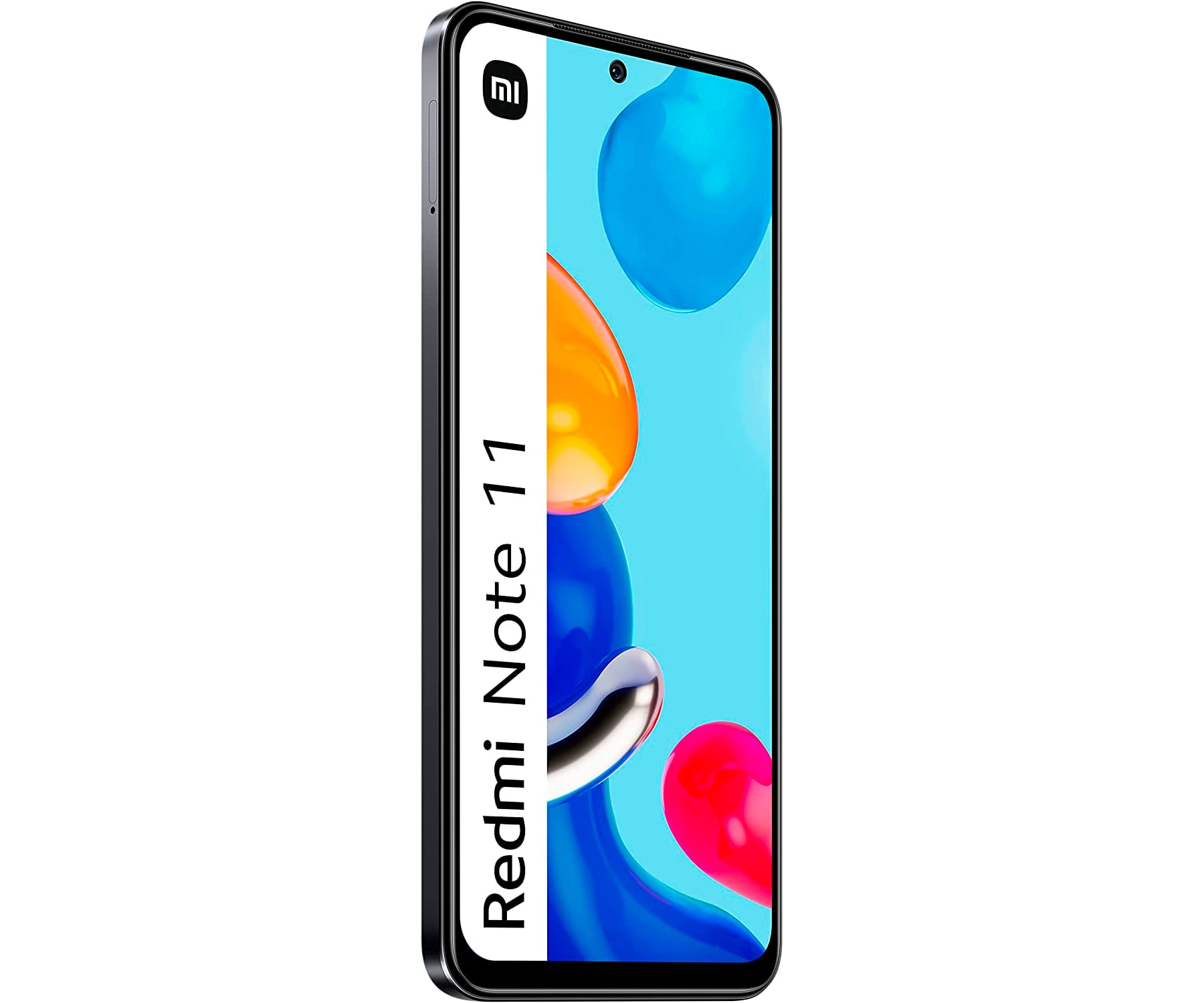 Redmi Note 11 Smartphone, hellblauer Bildschirm mit bunten Kugeln. Weißer Rand mit Logo.