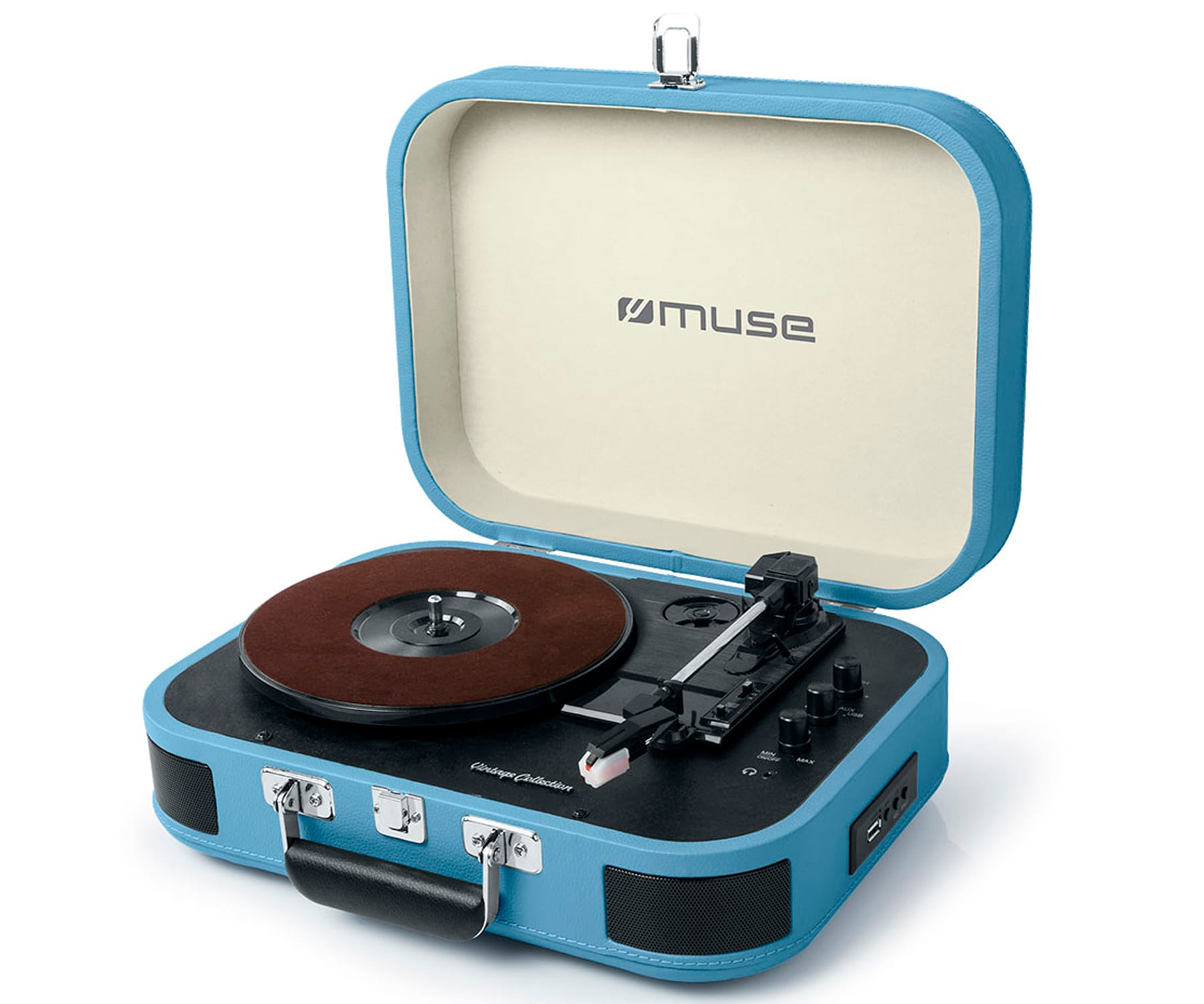 Tocadiscos - MT-201 BTB Light blue MUSE, Conexiones Bluetooth, USB, RCA y jack 3.5mm, Compatible con 33 / 45 / 78 rpm, Light blue
