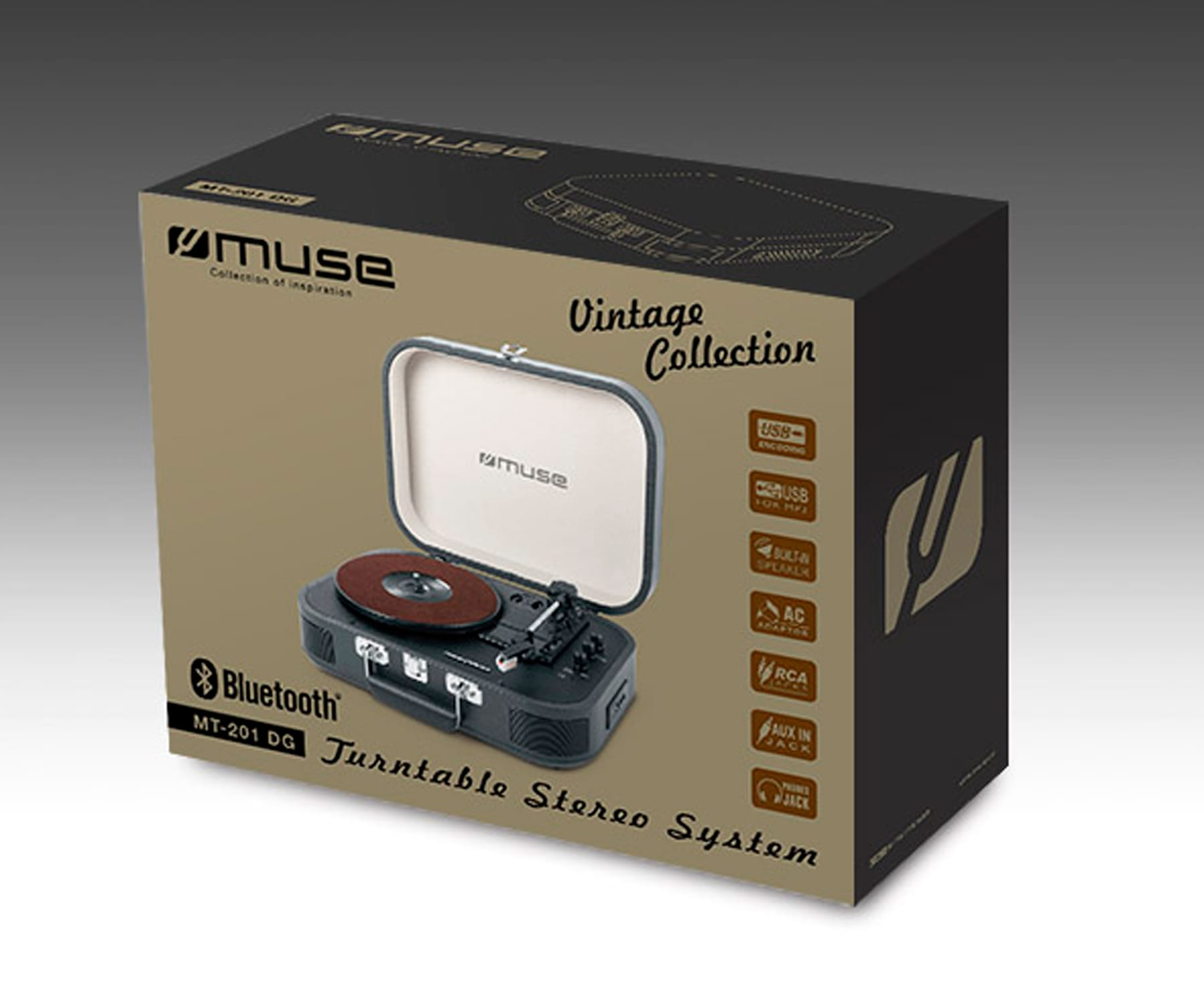 Un giradischi stereo in stile vintage in una scatola, con il marchio 'MUSE'.