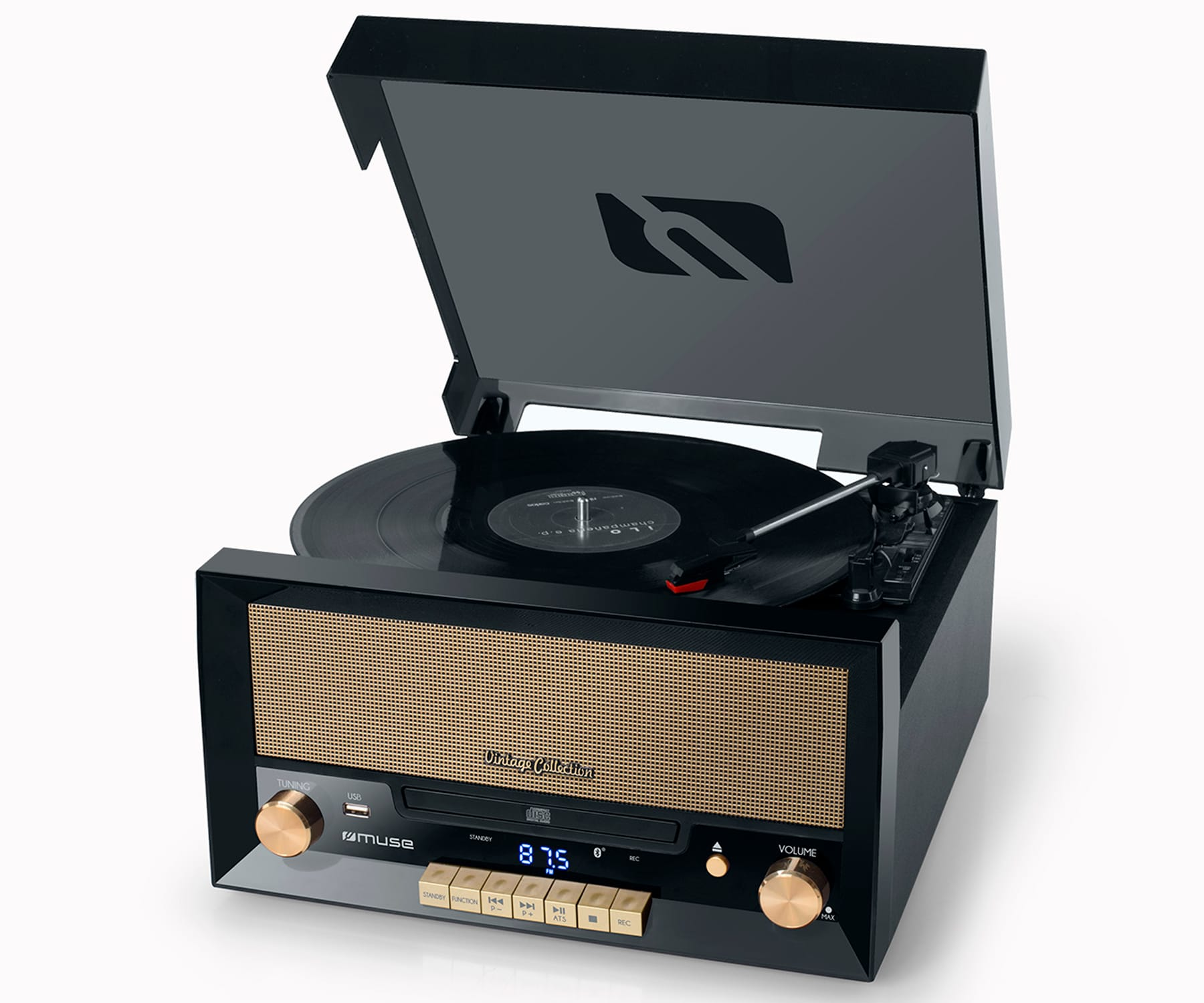 Microcadena - MT-110 B Black MUSE, Conexiones Bluetooth, USB, RCA y jack 3.5mm, Negro
