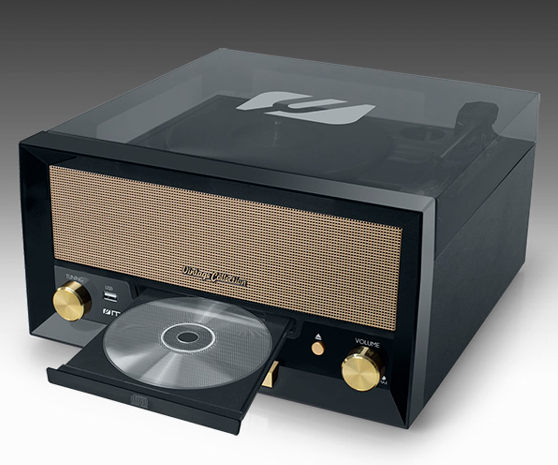 Schwarzer und goldener Plattenspieler im Vintage-Stil mit CD-Player, offen, auf dunkler Oberfläche.