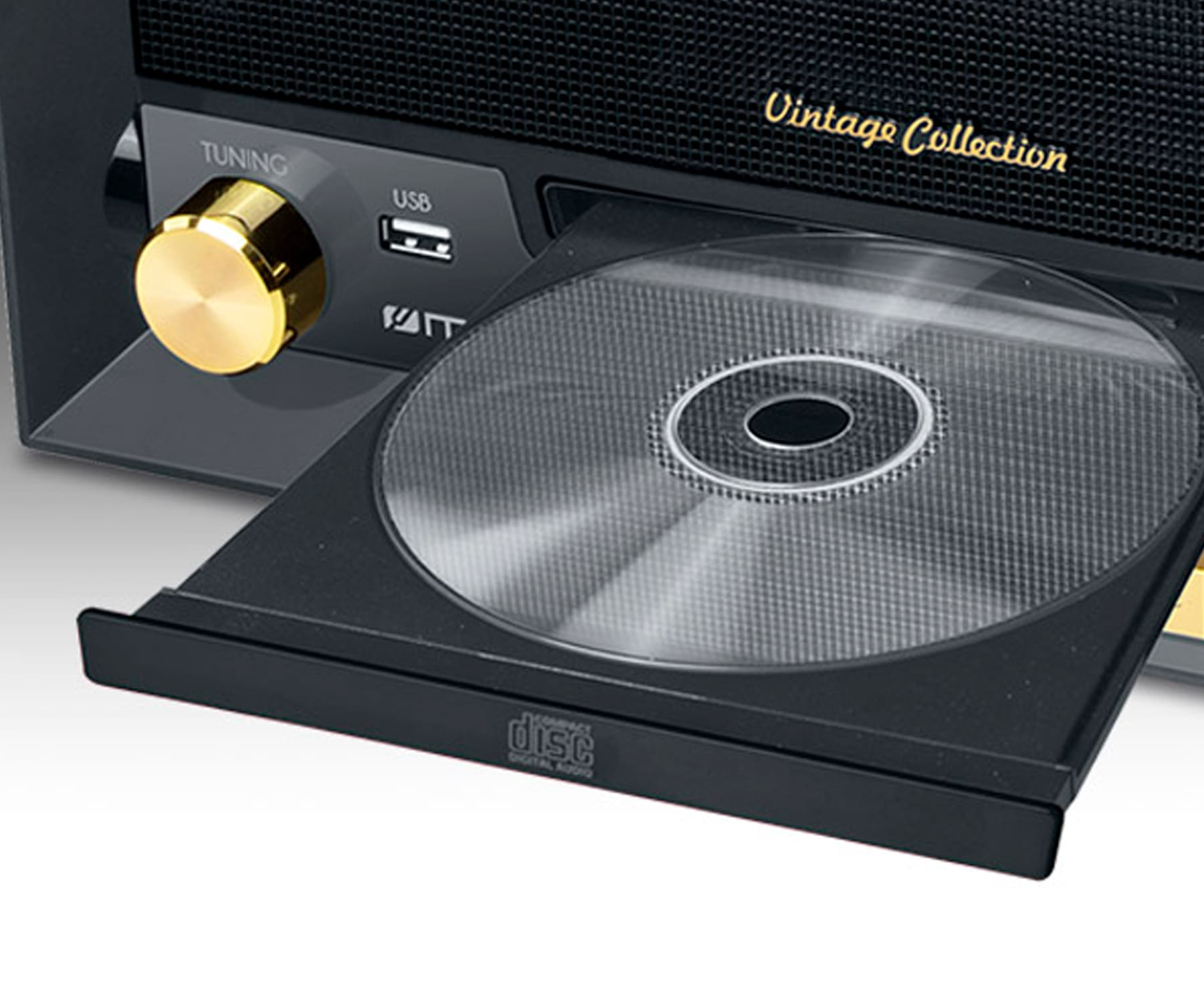 Stereoanlage der Vintage Collection mit offenem CD-Fach. Goldfarben. USB-Anschluss sichtbar.