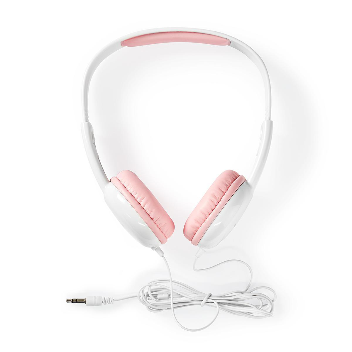Weiße Kopfhörer mit rosa Ohrmuscheln und weißem Kabel. Auf weißem Hintergrund.
