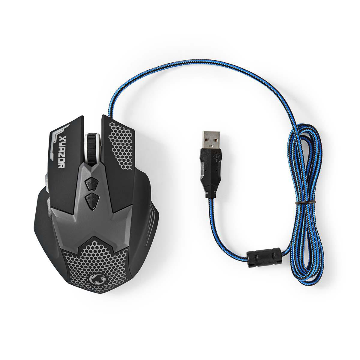 Mouse da gioco nero con cavo intrecciato blu e nero e connettore USB.