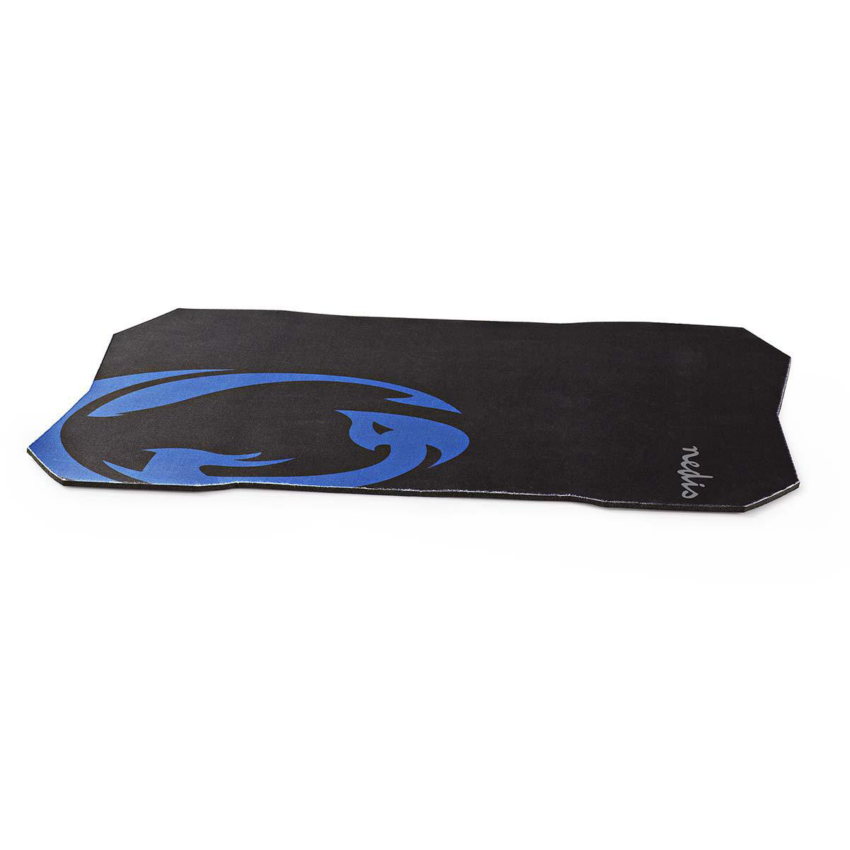 Een zwart en blauw muismat met een logo van een vogel erop.