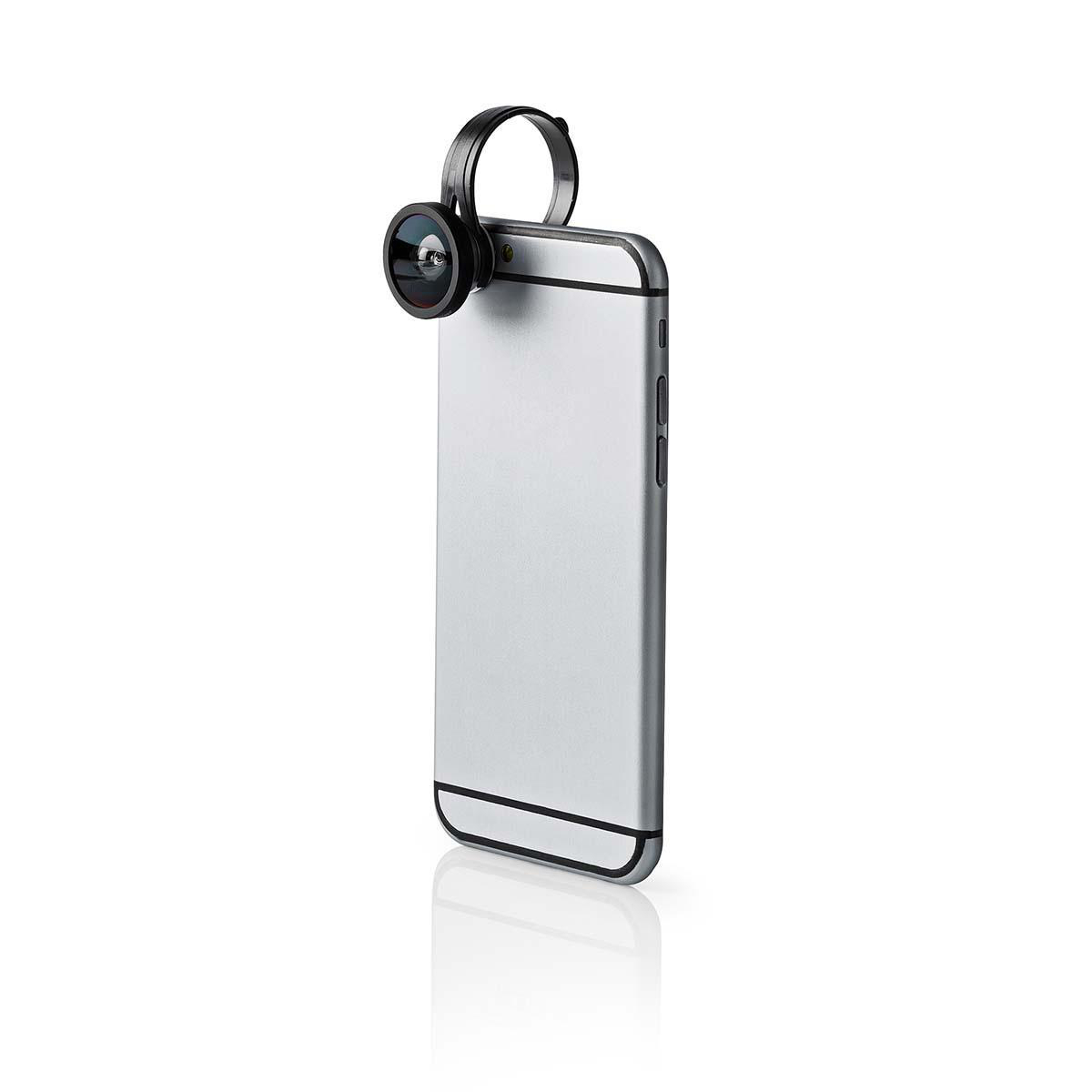 Telefon mit Objektivaufsatz, weißer Hintergrund. Telefonseite mit sichtbaren Knöpfen.