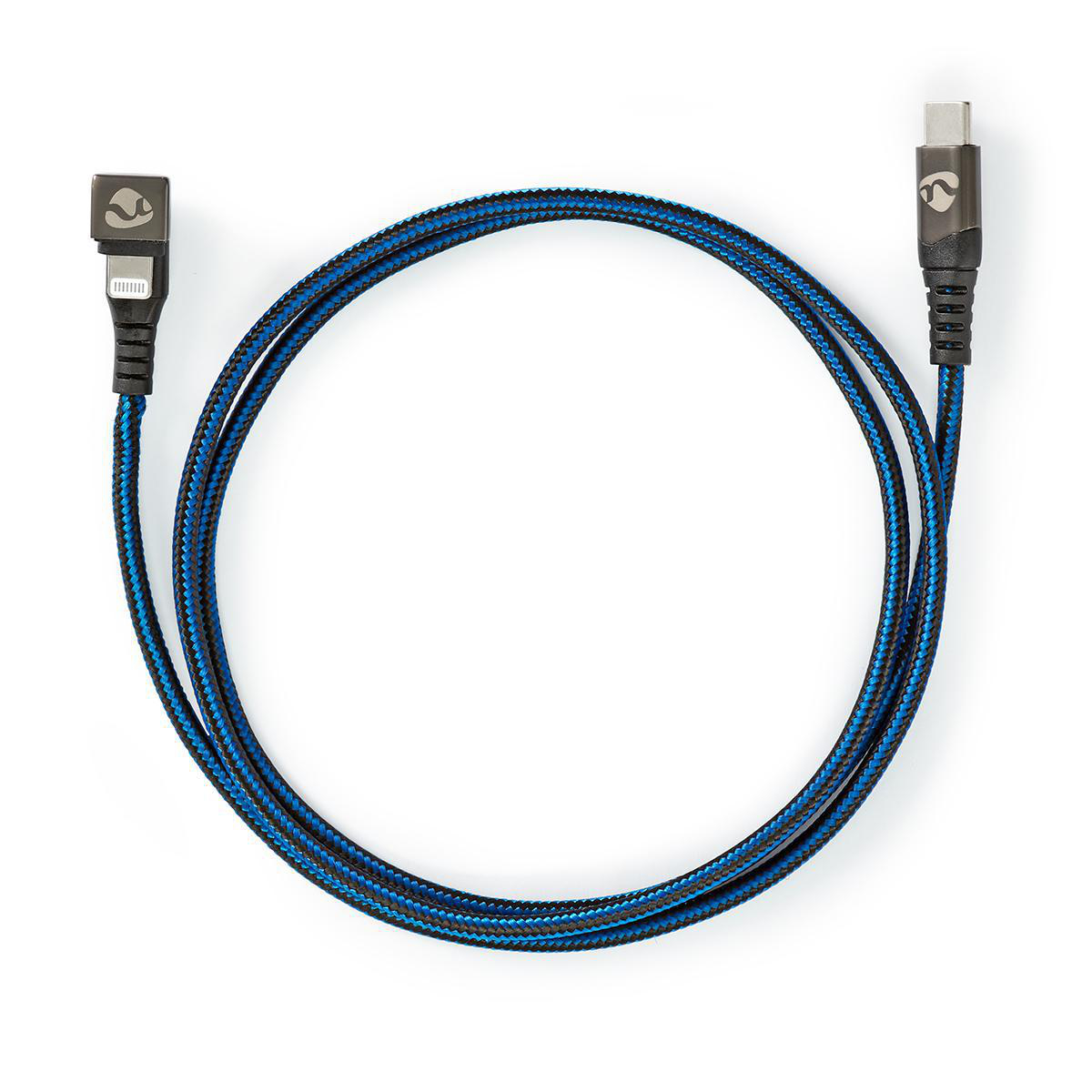 Un câble de chargement tressé bleu et noir avec un connecteur USB-C et un connecteur Lightning.