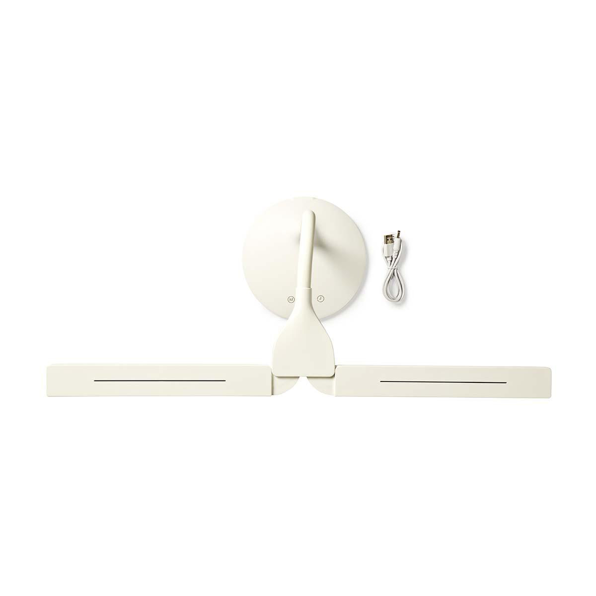 Una lampada da scrivania moderna color crema con due pannelli luminosi e un cavo USB.