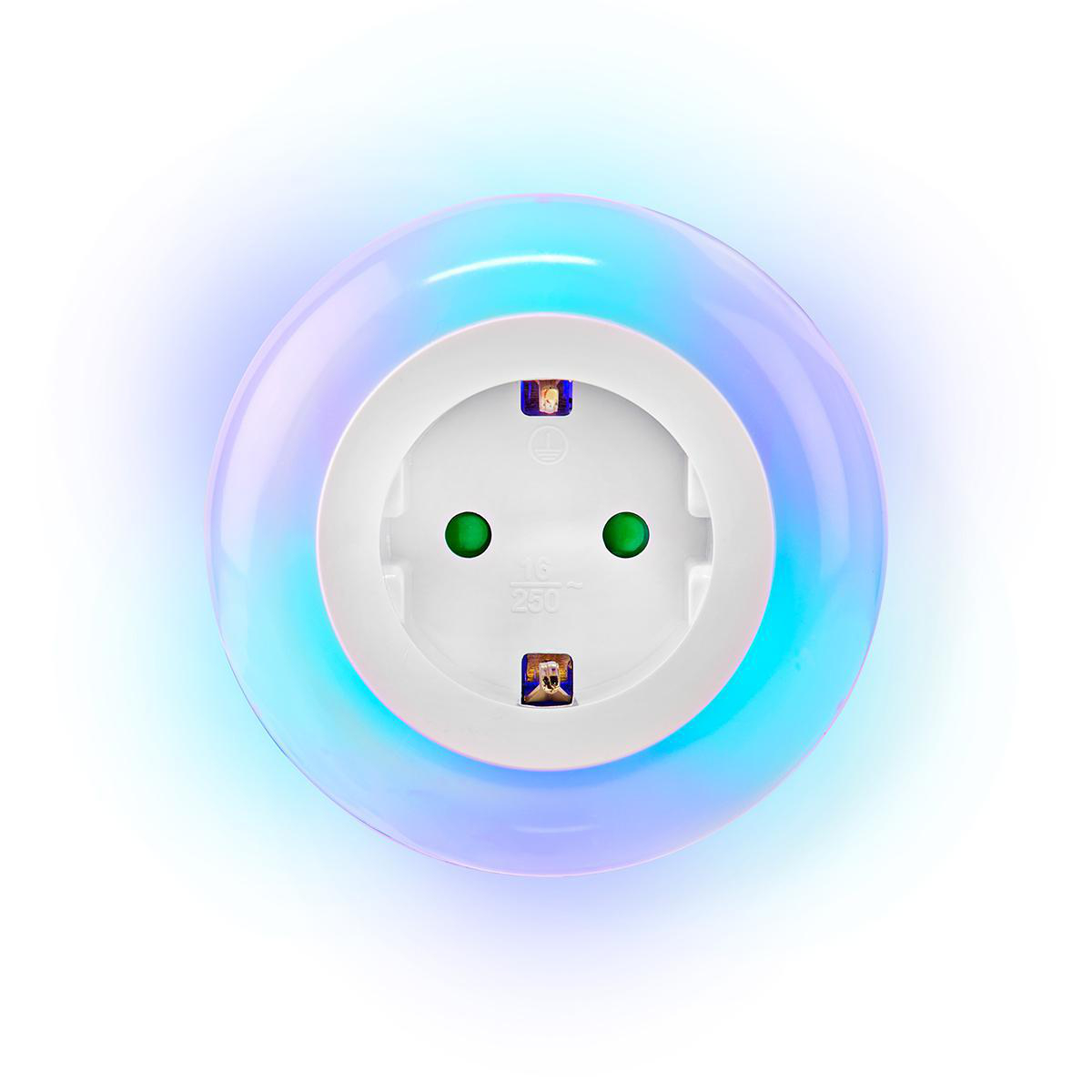 White wall socket with a blue and purple glowing ring around it, on a white background.