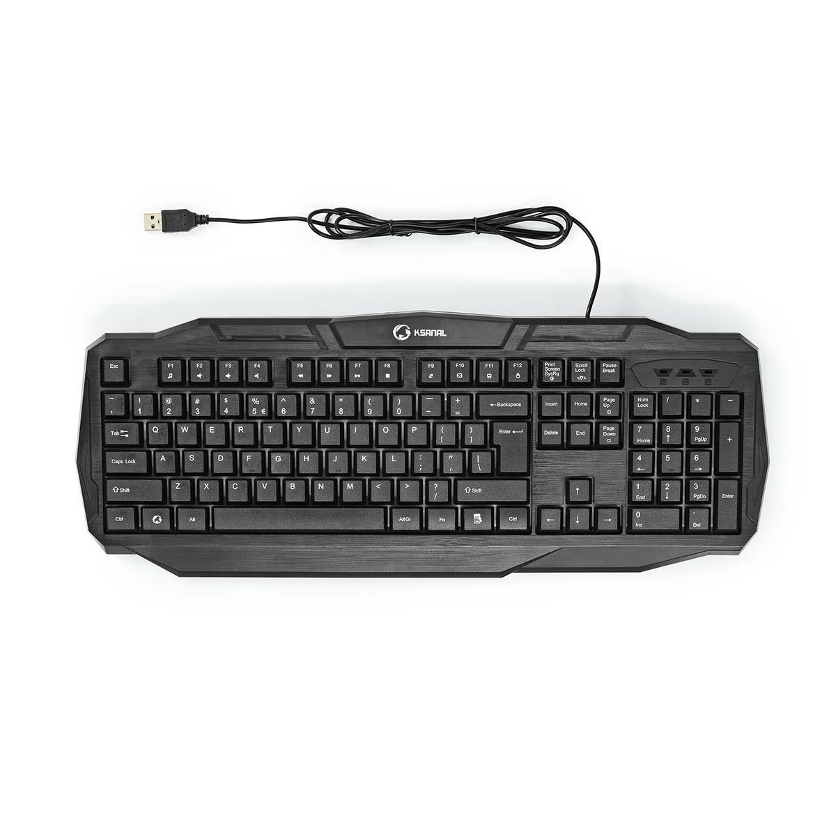 Schwarze Tastatur. Enthält Tasten, Zahlen und ein USB-Kabel.