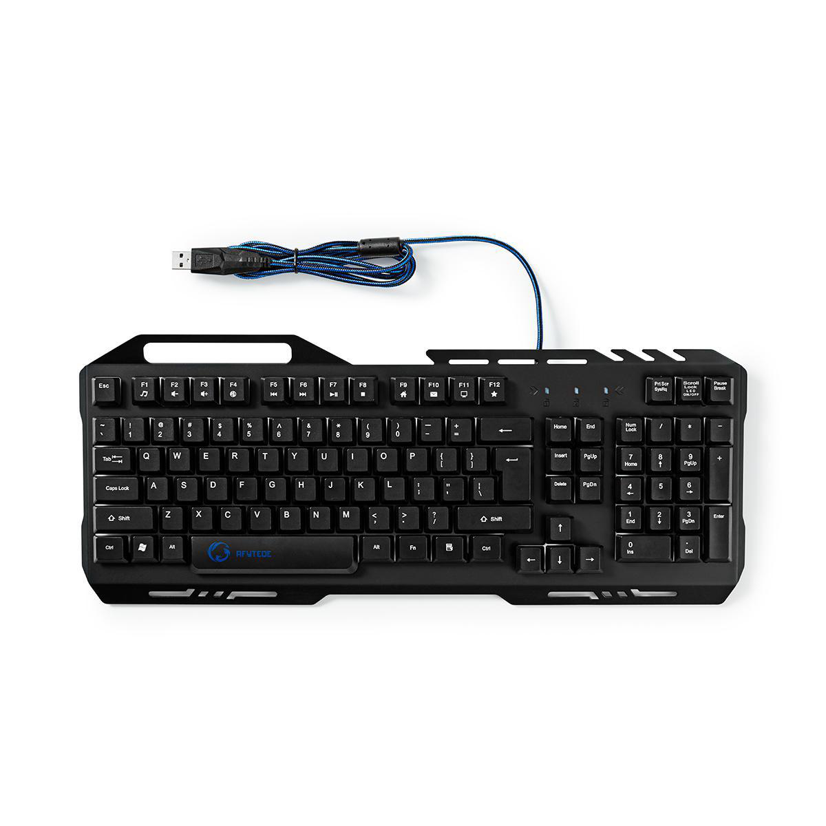 Schwarze Tastatur mit blauem Kabel. Die Tastatur hat Standardtasten und ein Gaming-Design.