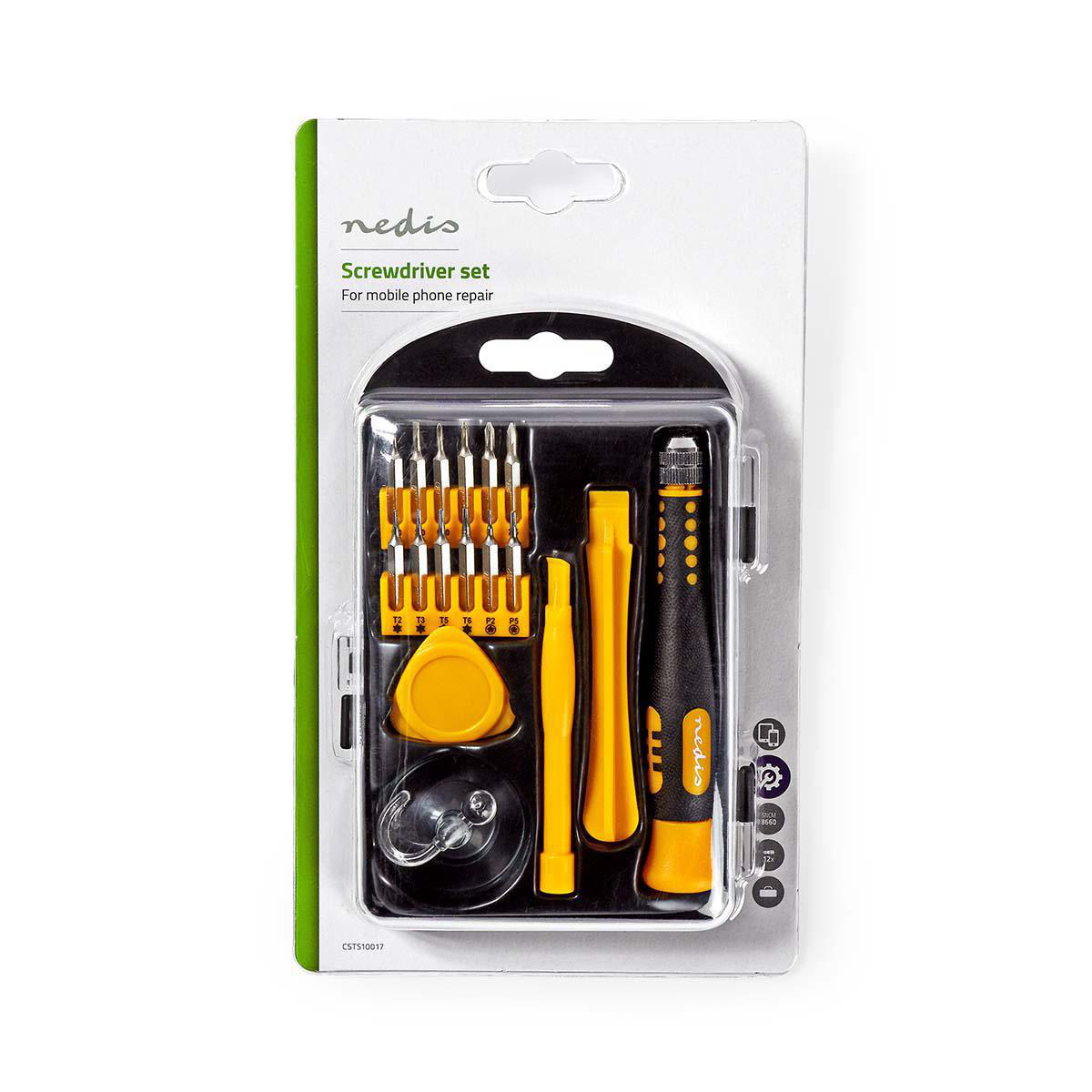 Schraubendreher-Set für die Handy-Reparatur. Das Set befindet sich in einer transparenten Verpackung.