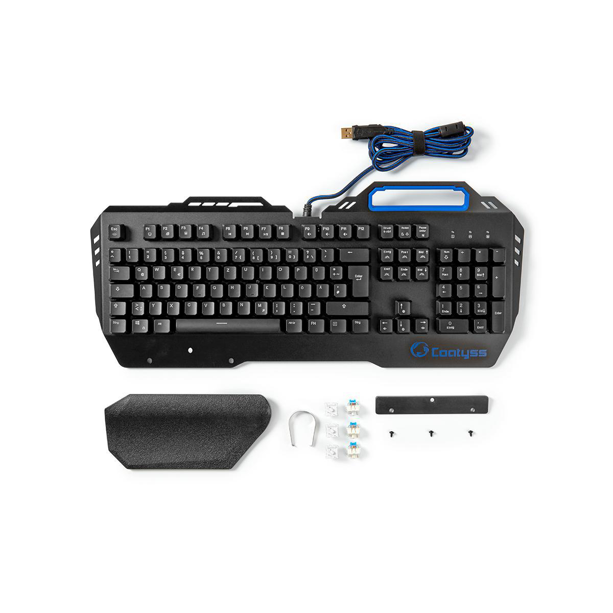 Schwarze Tastatur mit blauen Akzenten. Komponenten und USB-Kabel auf weißem Hintergrund.