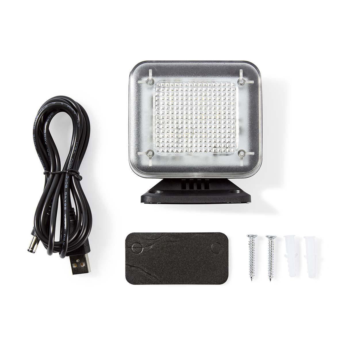 Weiße LED-Lampe mit schwarzem Sockel, Netzkabel und Montagezubehör auf weiß.