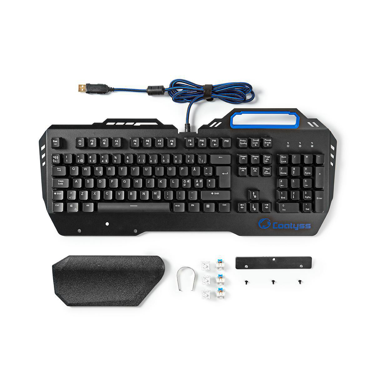 Schwarze Gaming-Tastatur mit blauen Akzenten, Handballenauflage und Ersatz-Tastenkappen.