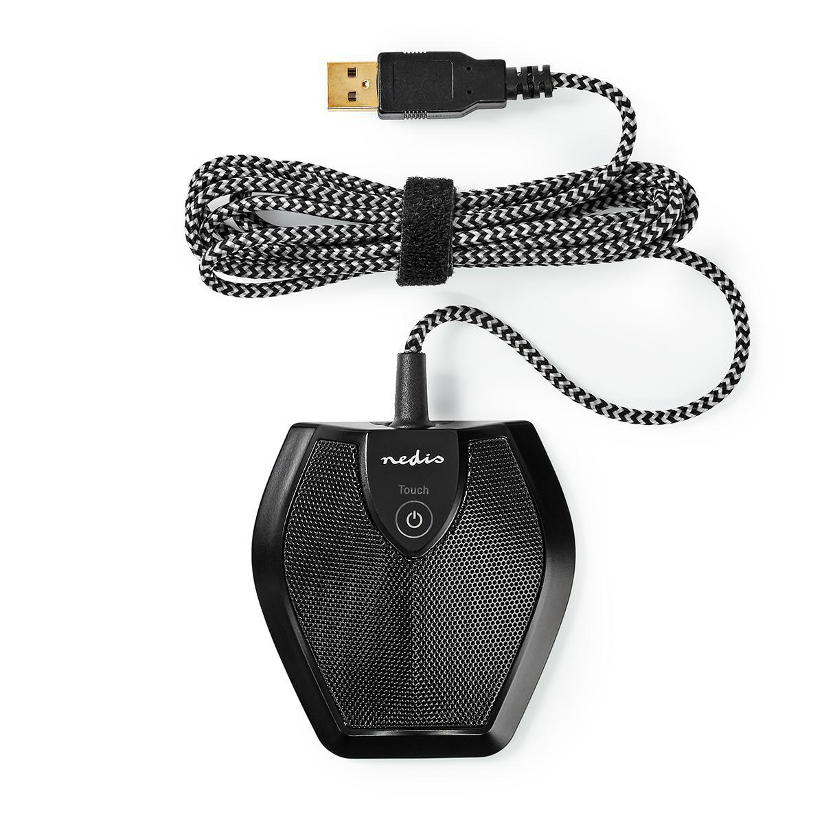 Czarny mikrofon z kablem USB. Kabel jest czarno-biały. Białe tło.