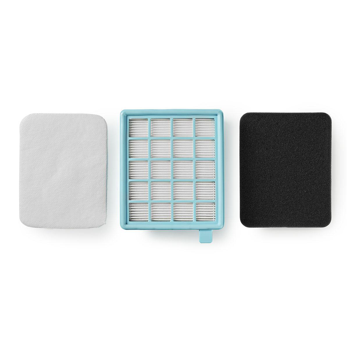 Three white filters. A flat white filter, a blue framed filter, and a black filter.