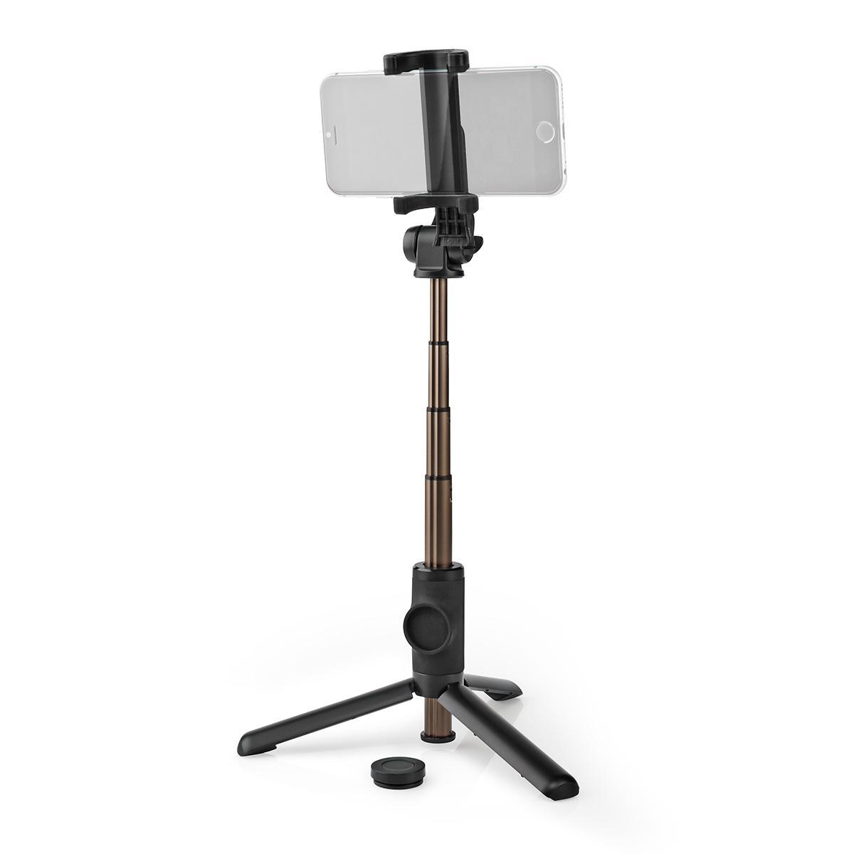Selfie-Stick mit befestigtem Telefon. Der Stick hat ein Stativ und ist schwarz und bronze.