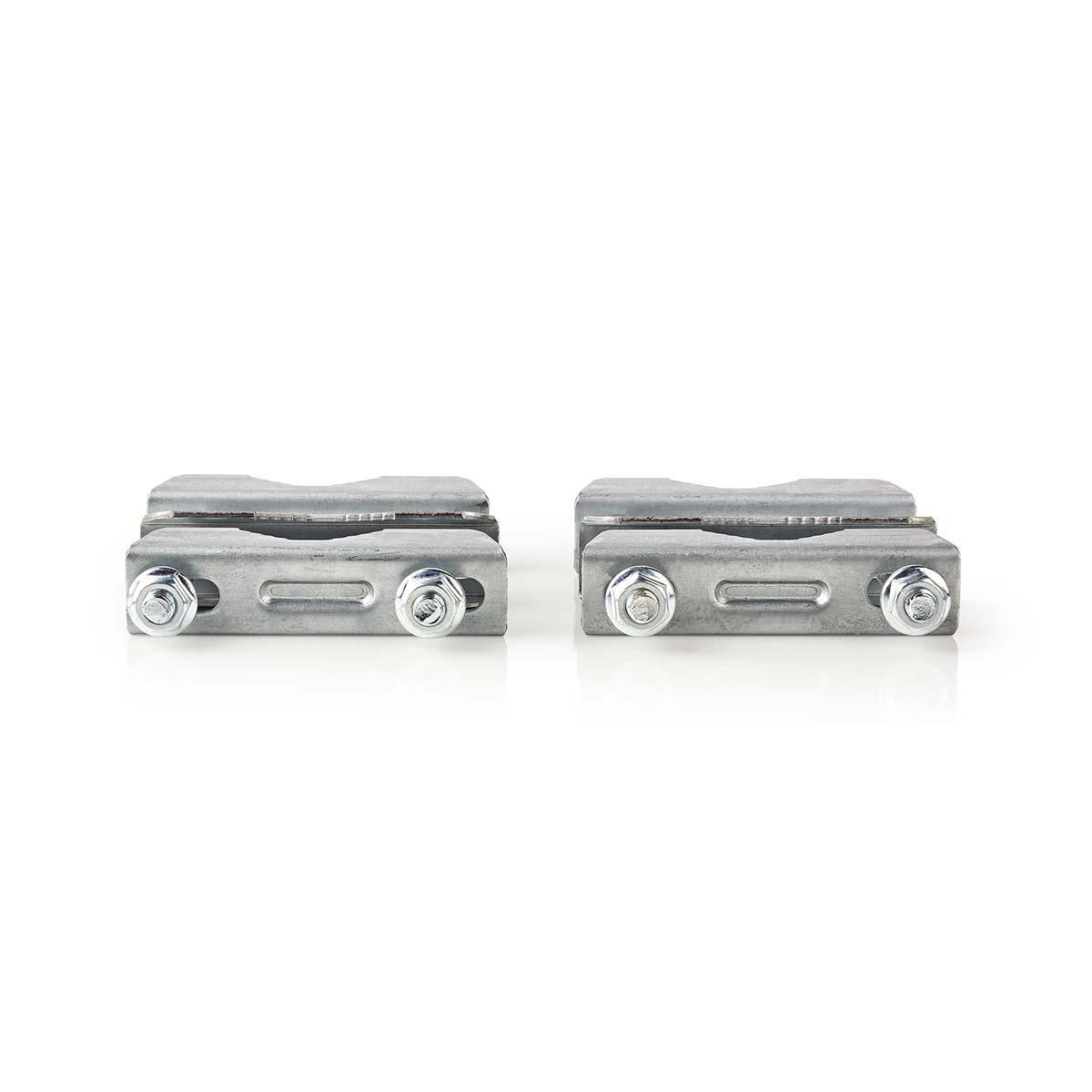 Zwei Metallklemmen mit Schrauben auf weißer Oberfläche.