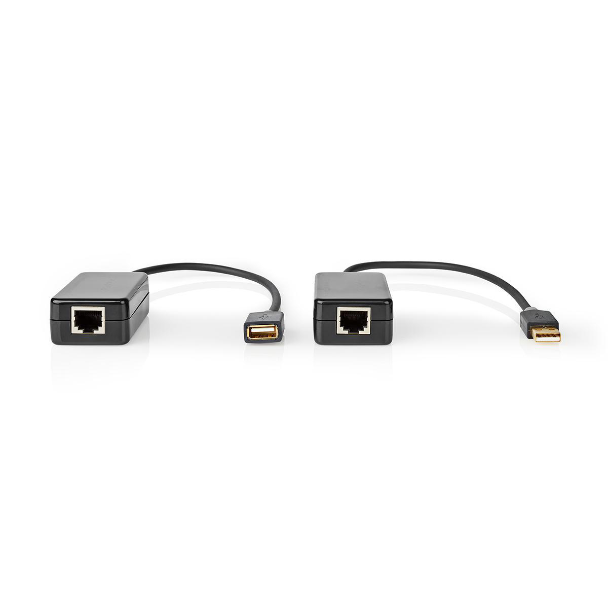Zwei schwarze Stecker mit Ethernet- und USB-Anschlüssen. Kabel verbinden die Anschlüsse.