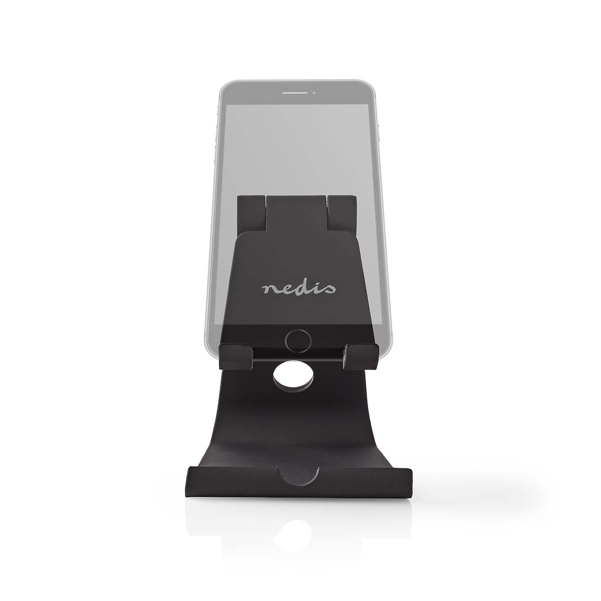 Black phone stand with phone. The phone is black and the stand has the word "nedis" on it.