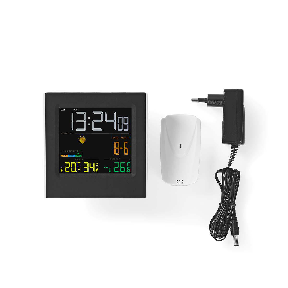 Digitale Wetterstation mit Uhrzeit, Datum und Temperatur. Enthält einen Sensor und Netzteil.