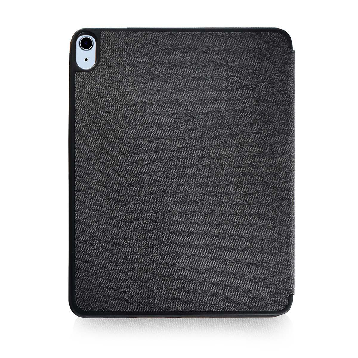 Dunkelgraue Tablet-Hülle, geschlossen, mit sichtbarem Apple-Logo.