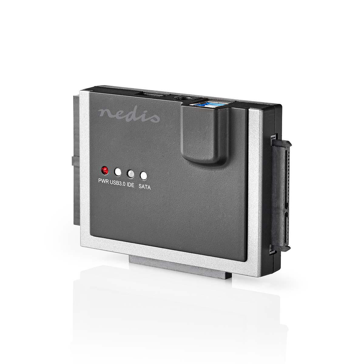 Adattatore USB 3.0 a IDE e SATA. Grigio e argento, con spie luminose.
