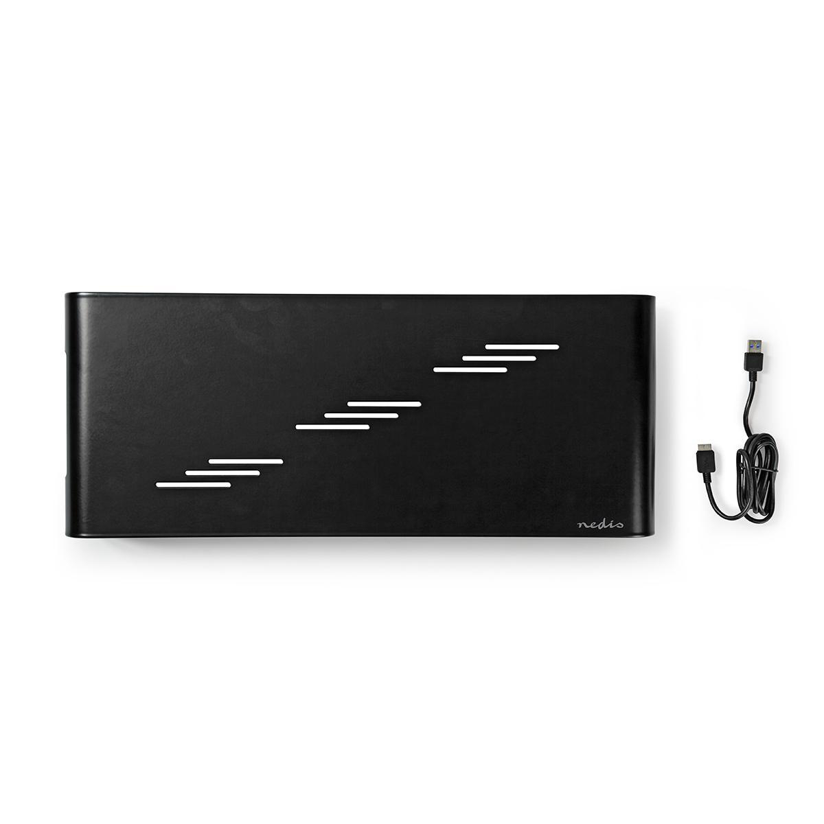 Eine schwarze Kabelmanagementbox mit weißen Linien und einem USB-Kabel.