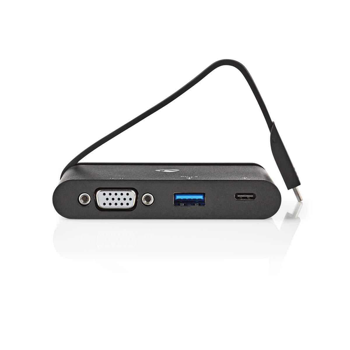 Ein schwarzer USB-C-Hub mit VGA-, USB- und Audioanschlüssen und einem Kabel.