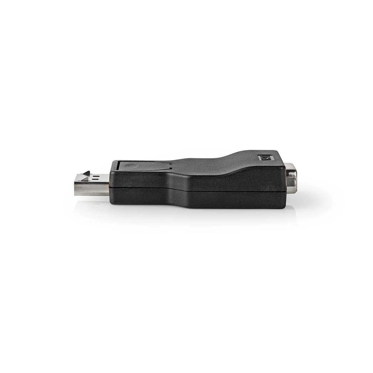 Schwarzer USB-zu-Seriell-Adapter. Der Adapter ist schwarz und liegt auf einer weißen Oberfläche.