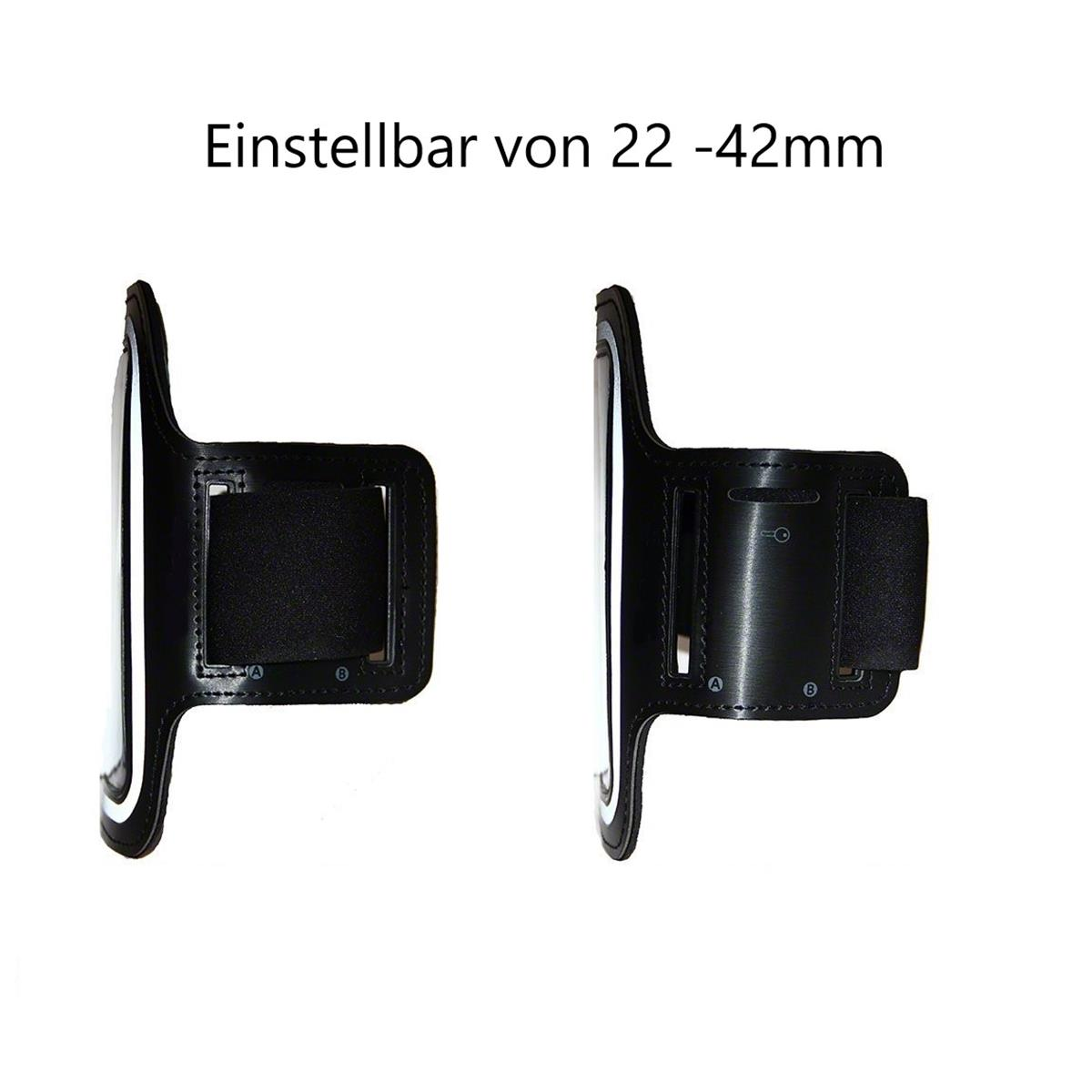 Zwei schwarze Armbänder für Telefone, Seitenansicht. Text oben, einstellbar von 22-42mm.