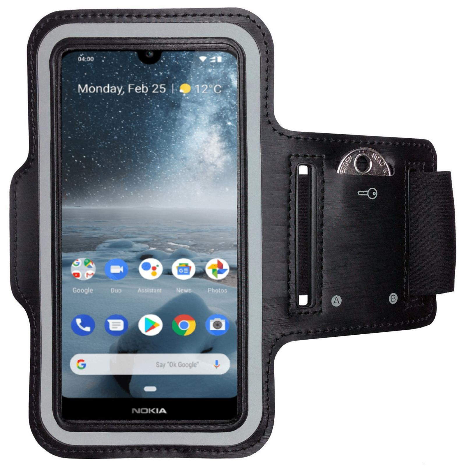 Nokia-Telefon in einer schwarzen Armbinde. Der Bildschirm zeigt die Oberfläche und das Datum.