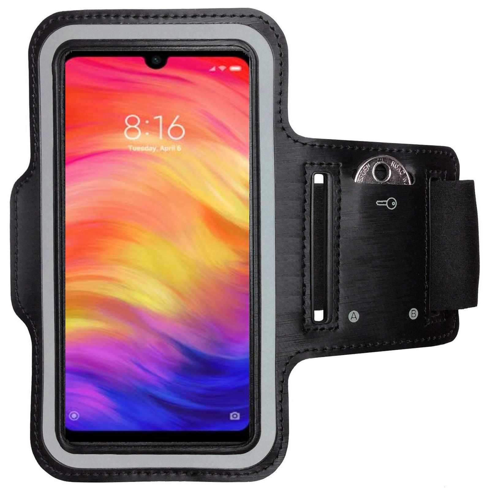 Schwarze Telefon-Armbinde mit Telefon, das einen bunten Bildschirm anzeigt. Hat eine Münztasche und einen Riemen.