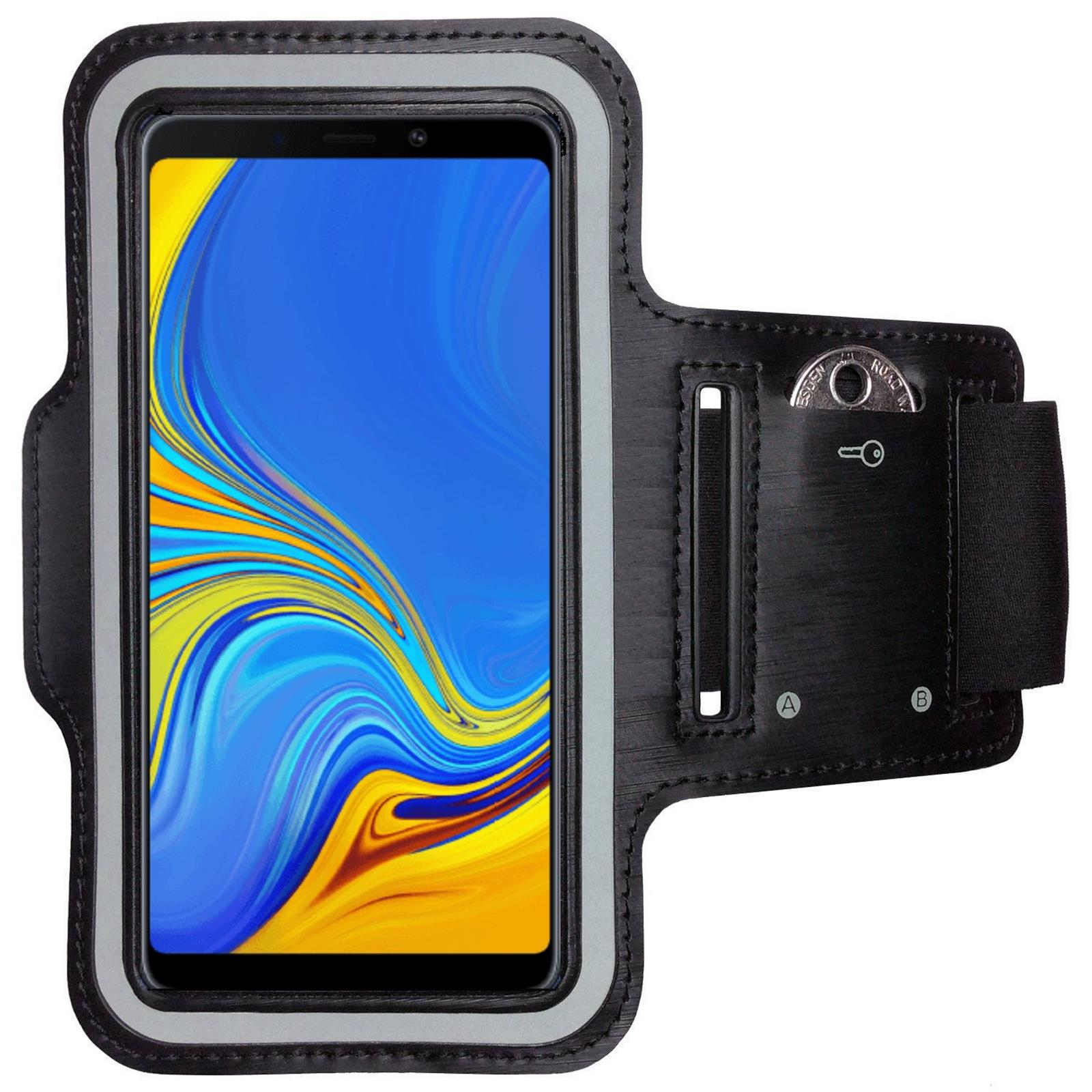 Schwarze Armbinde mit einem Telefon im Inneren. Der Telefonbildschirm zeigt eine App mit blauen und weißen Grafiken.
