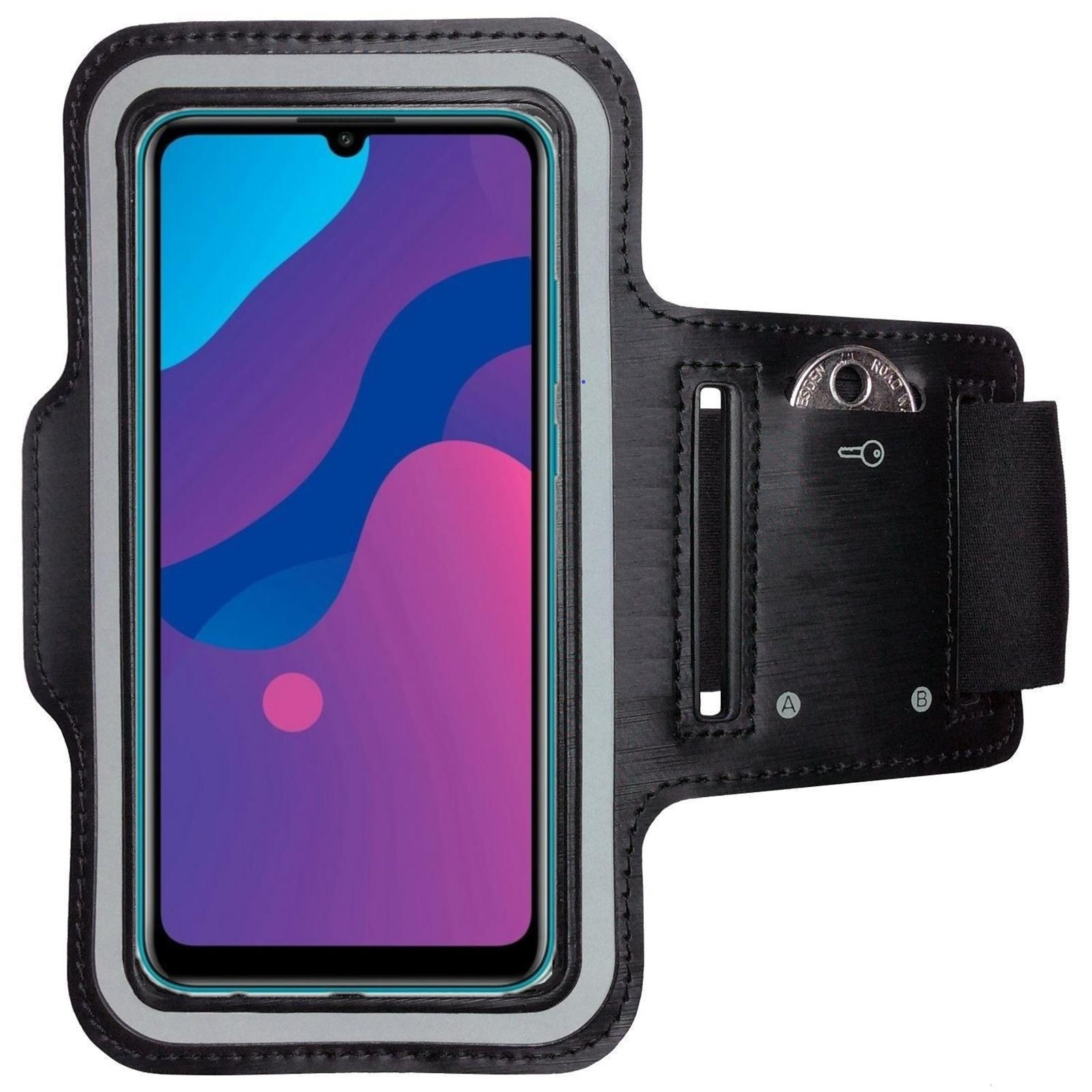 Armband mit Telefon darin. Das Telefon zeigt ein farbenfrohes Bild. Schwarzes Armband mit Riemen.