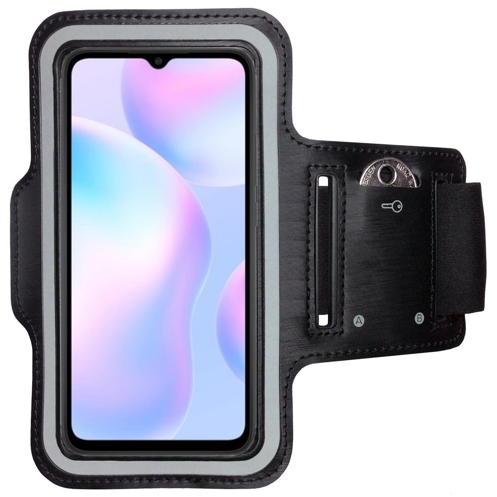 Schwarze Telefon-Armbinde mit einem Telefon, das ein weißes und blaues Bild anzeigt. Schwarzer Hintergrund.