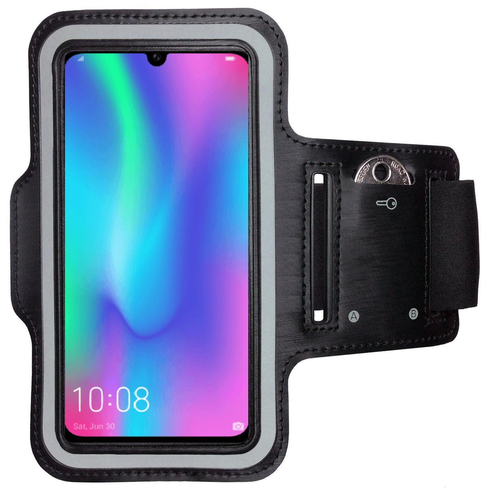 Schwarzes Telefon in einer grau-schwarzen Armbinde, zeigt einen Bildschirm mit blau-grünem Farbverlauf.