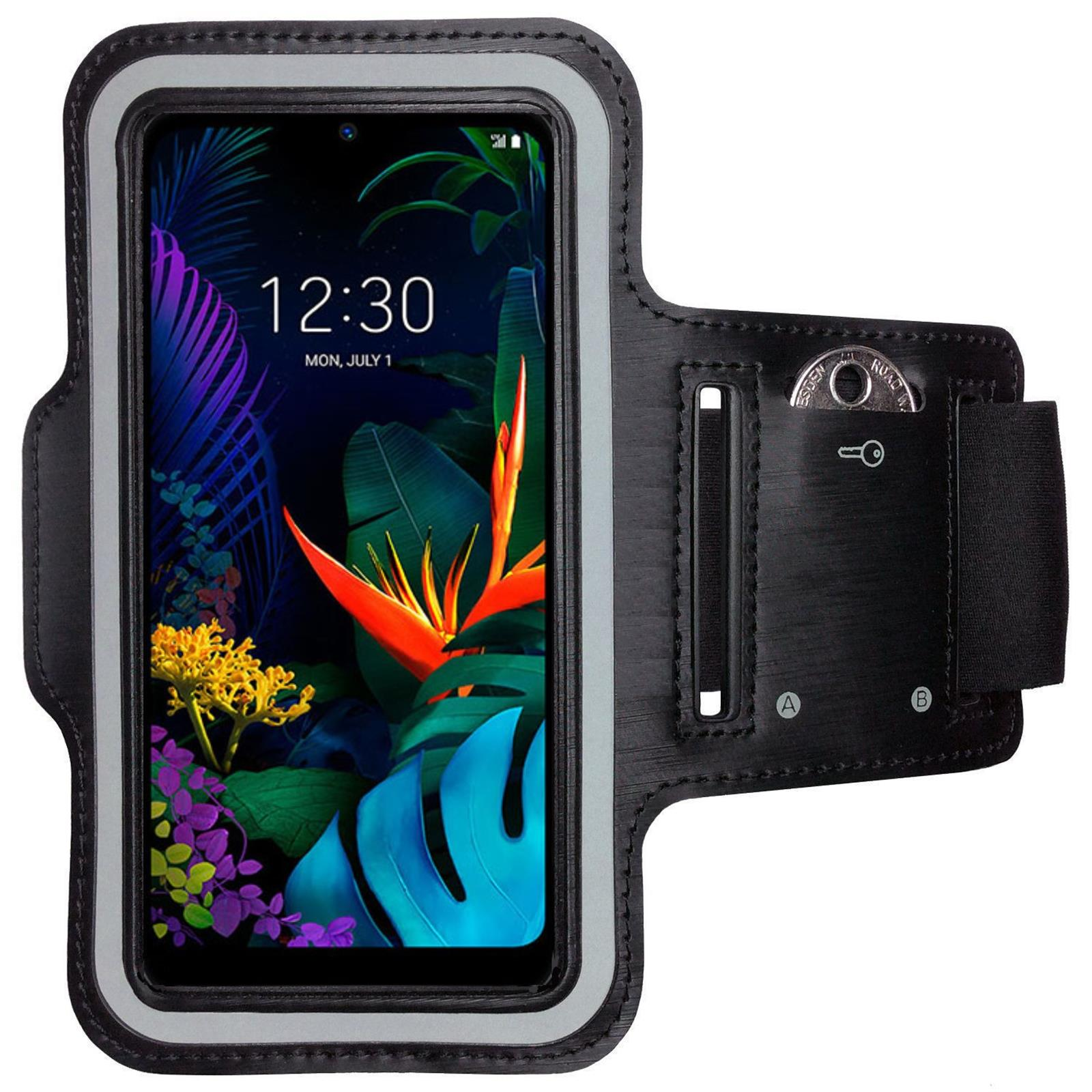 Ein schwarzes Armband mit einem Smartphone. Das Telefon zeigt einen Blumen- und Blätterhintergrund.