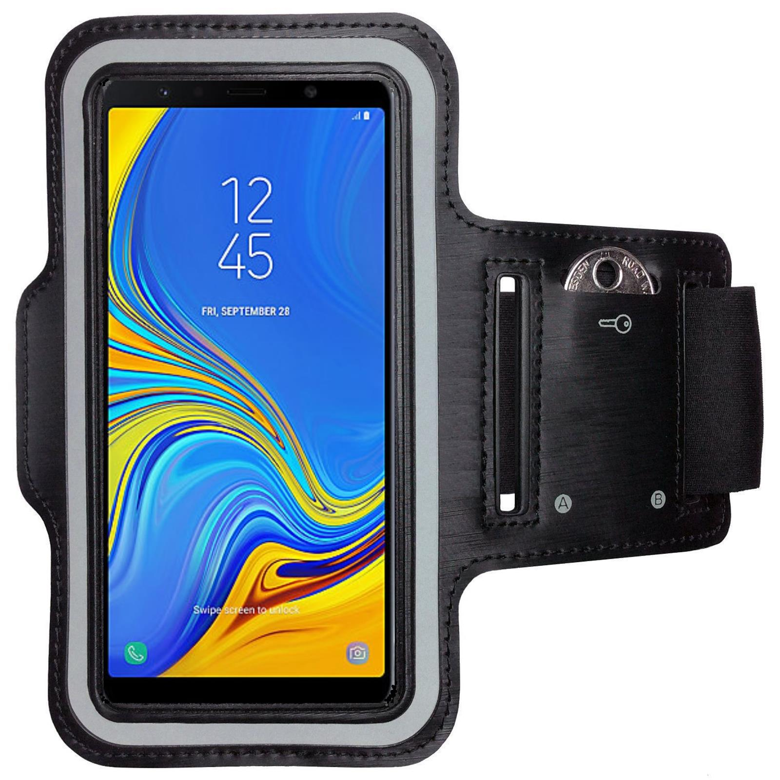 Schwarze Telefon-Armbinde mit Telefon, das Uhrzeit anzeigt, grau-weißer Hintergrund.