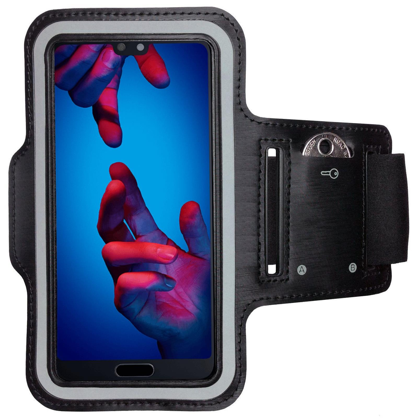 Schwarze Armband-Telefonhalterung mit zwei roten Händen auf blauem Grund.