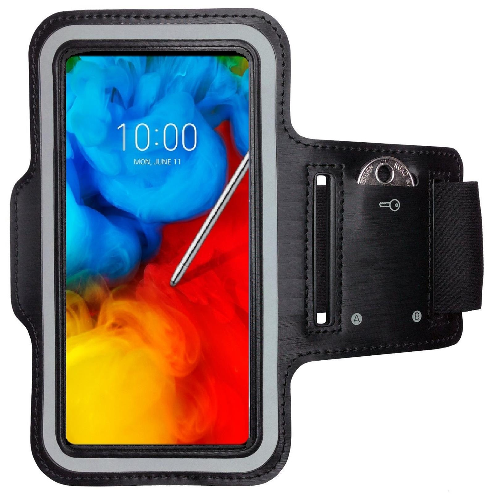 Schwarze Armbinde mit Telefon, zeigt den Bildschirm mit farbenfrohem Hintergrund.