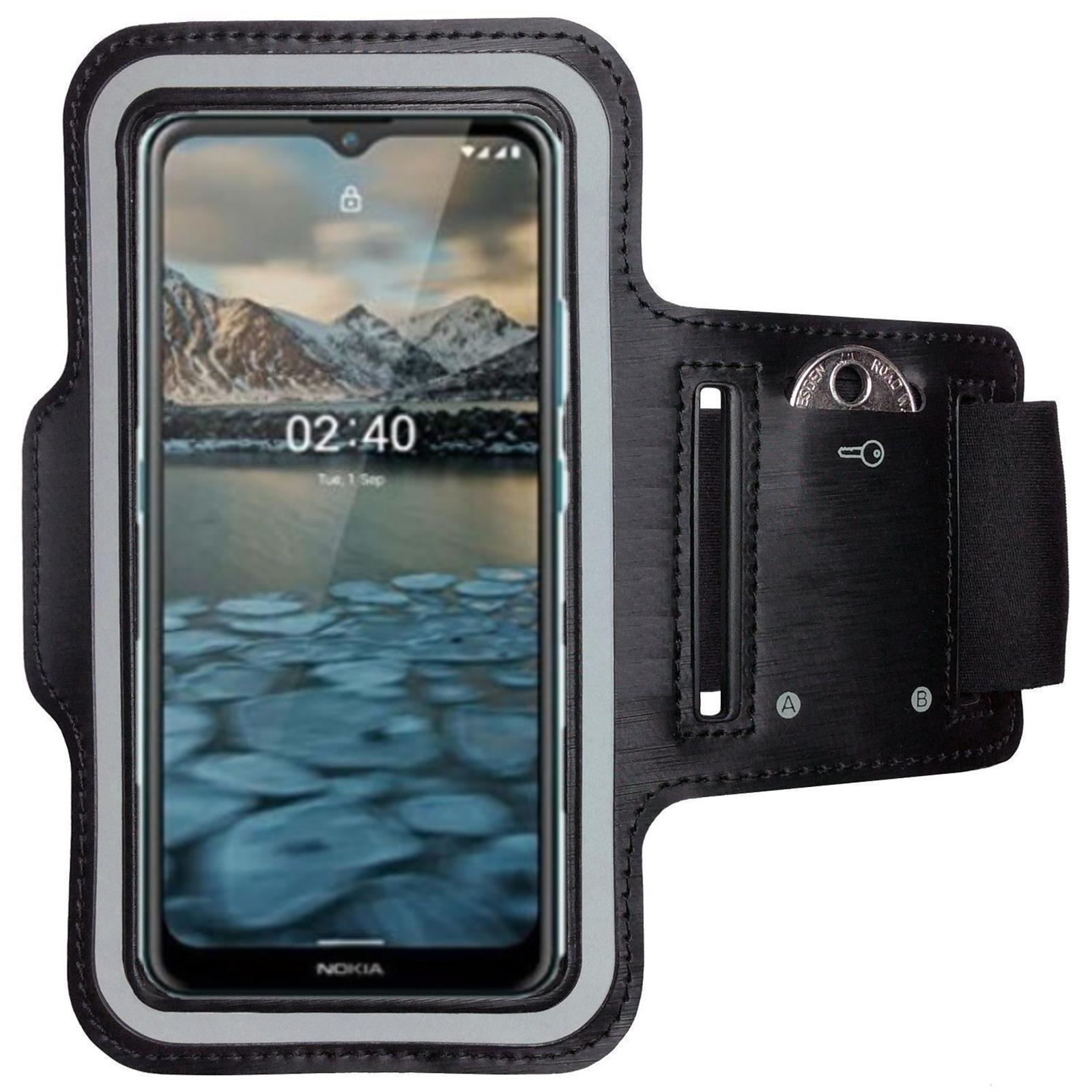 Ein Telefon in einer schwarzen Armbinde mit einem Bildschirm, der eine Uhr und eine Wasserszene zeigt.