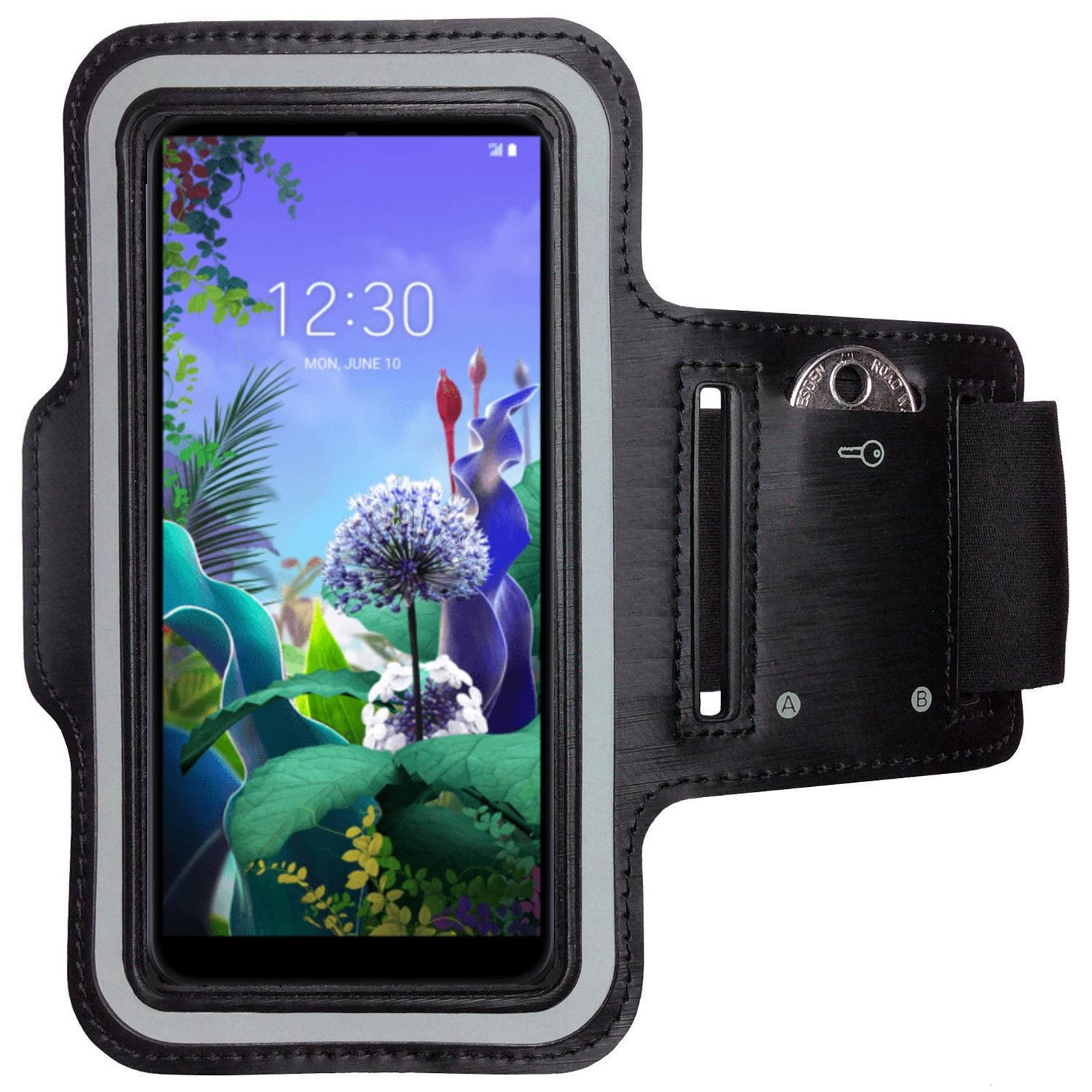 Schwarze Telefon-Armbinde mit Telefon mit floralem Hintergrund und Uhrzeit. Schwarze Armbinde mit Klettverschluss und Münzfach.